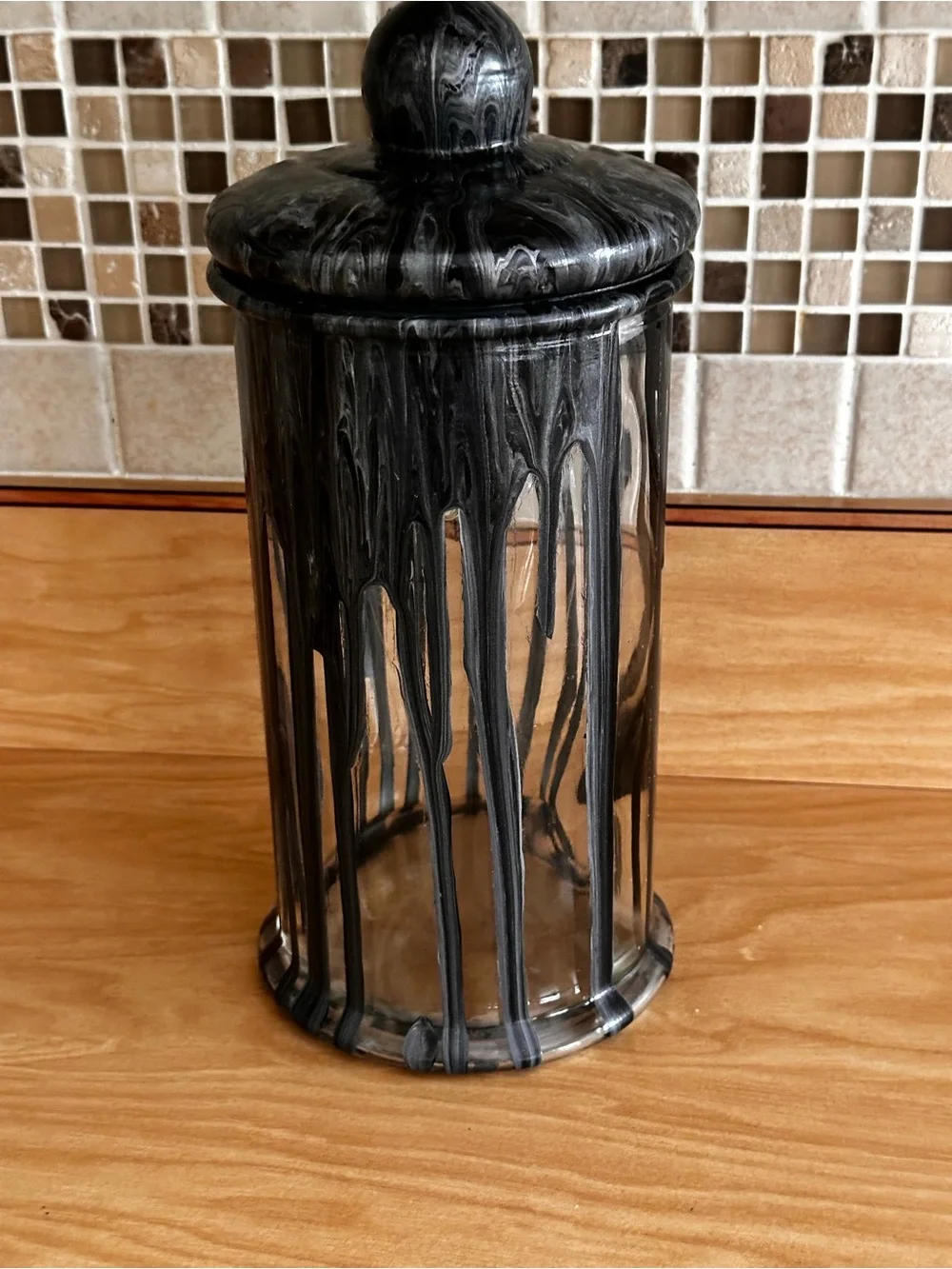 Hand crafted Black and silver Marble Effect glass Canister with Lid